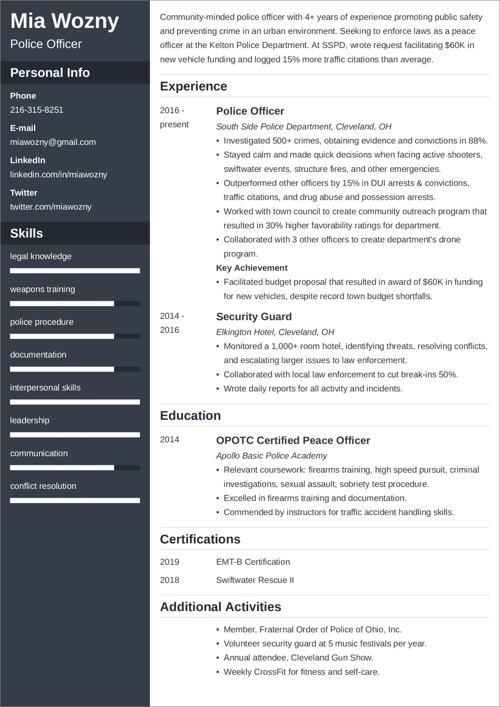 police officer resume—examples objective and skills