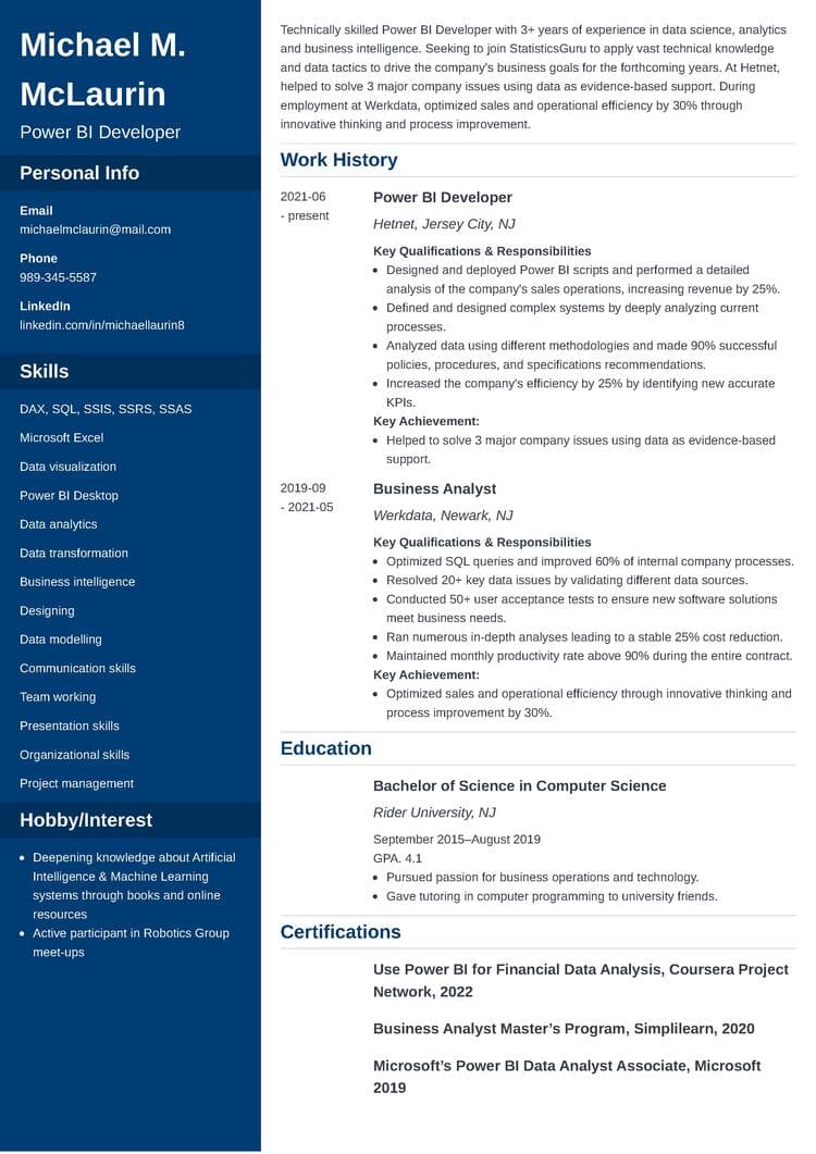 Power BI resume sample