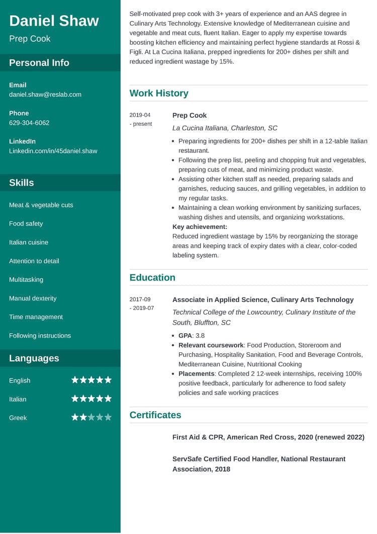 Prep Cook Resume example