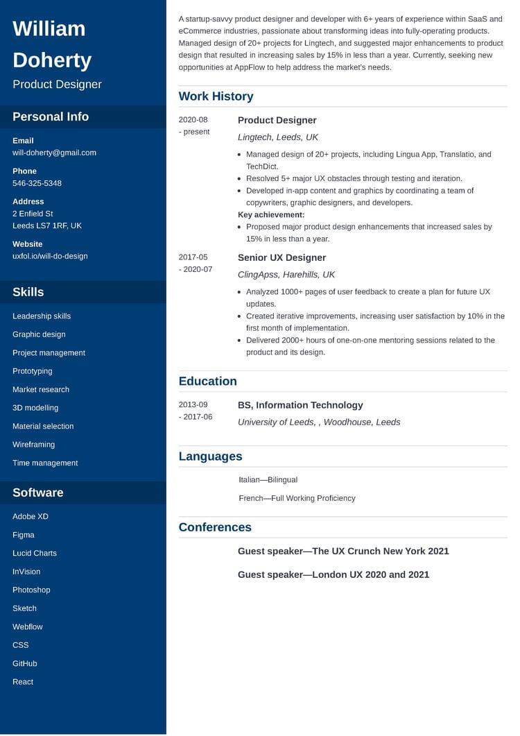 Product Designer CV Sample