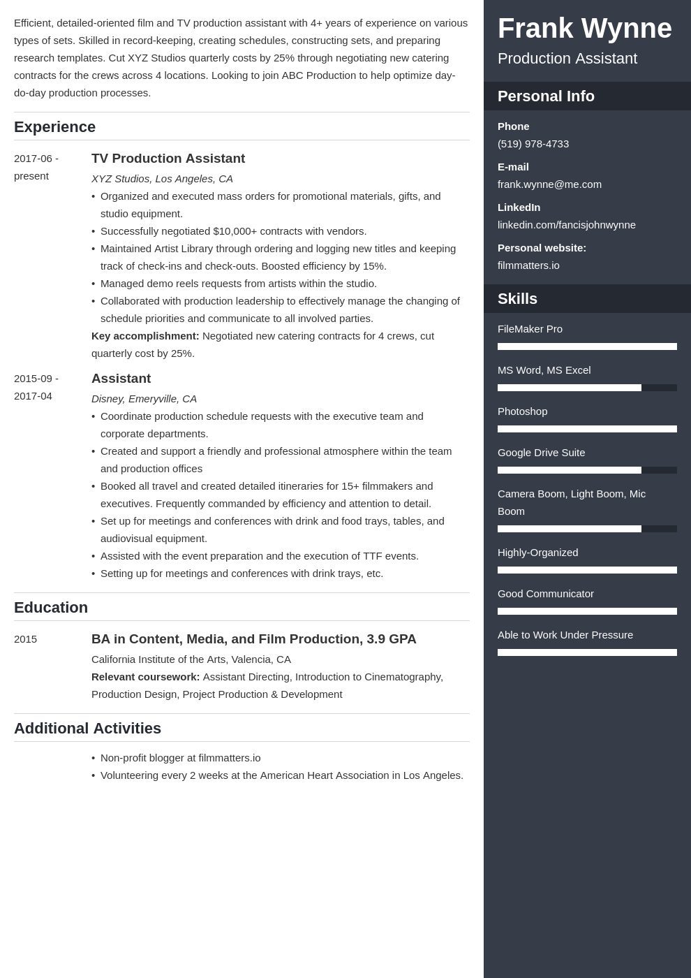 production assistant template enfold uk