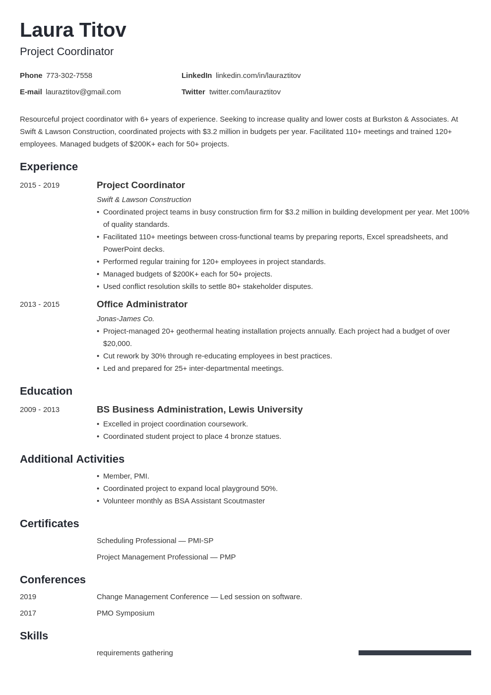 Project Coordinator Resume Sample Template For 2024