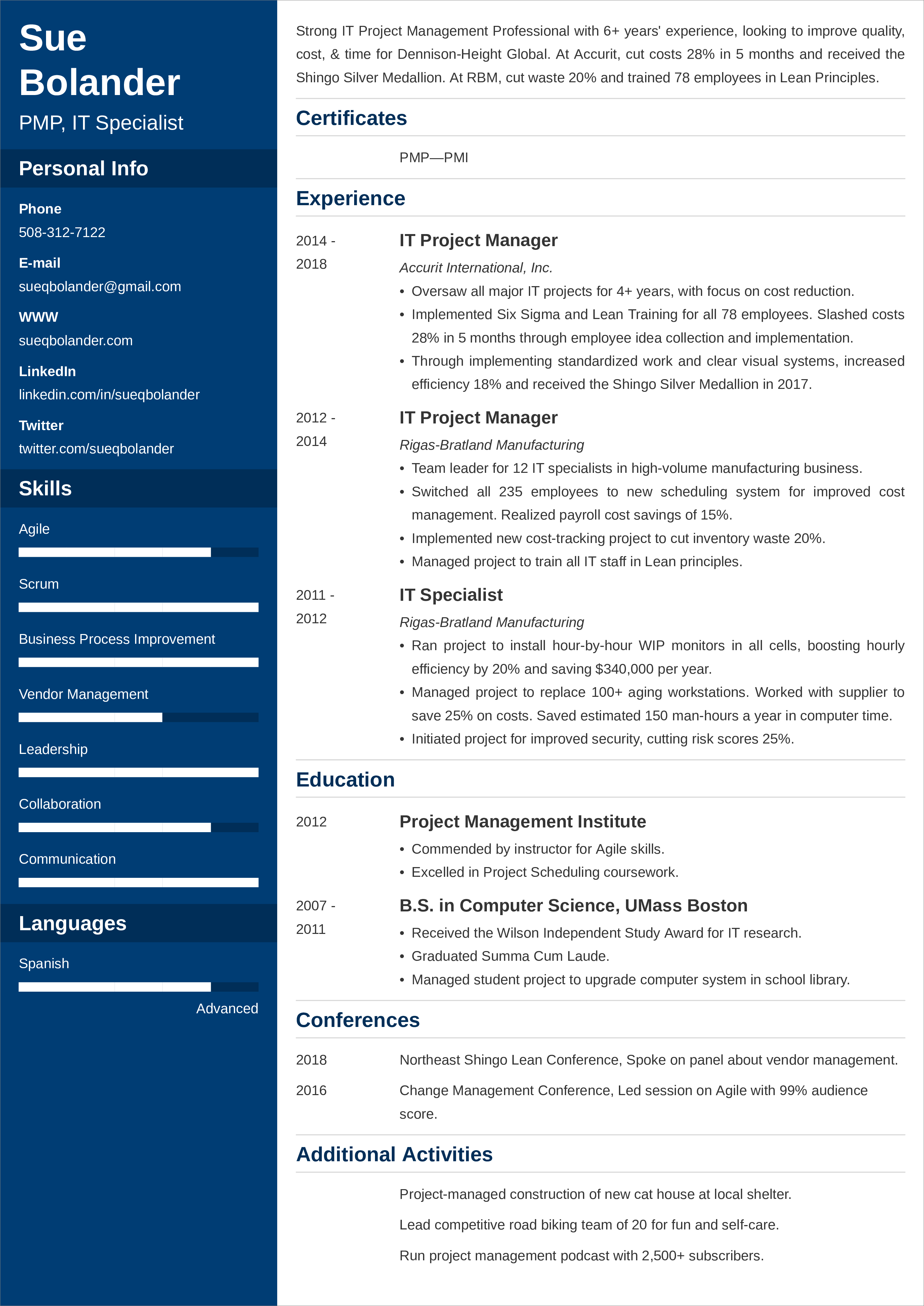 resume template for project manager