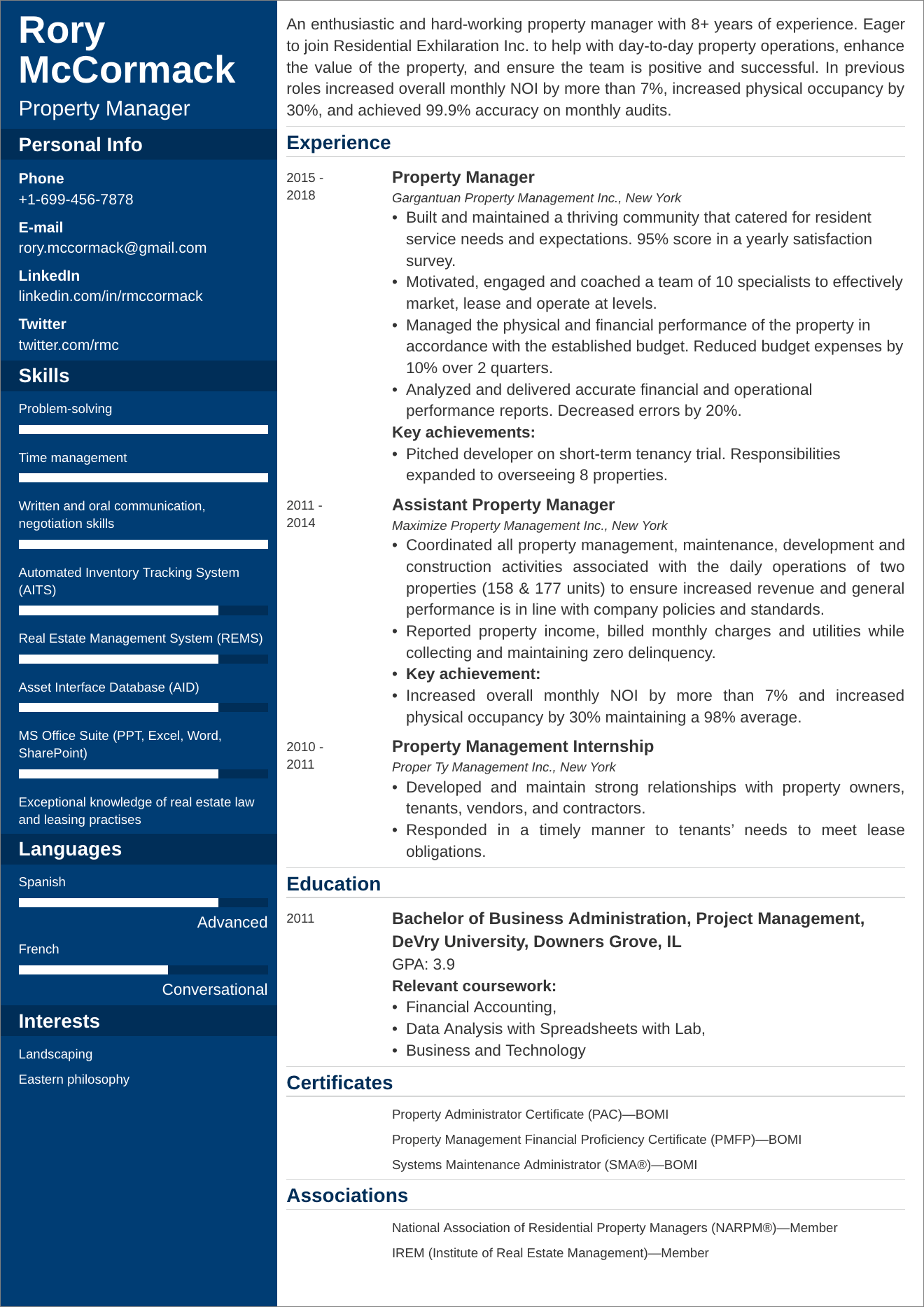 Property Manager sample resume