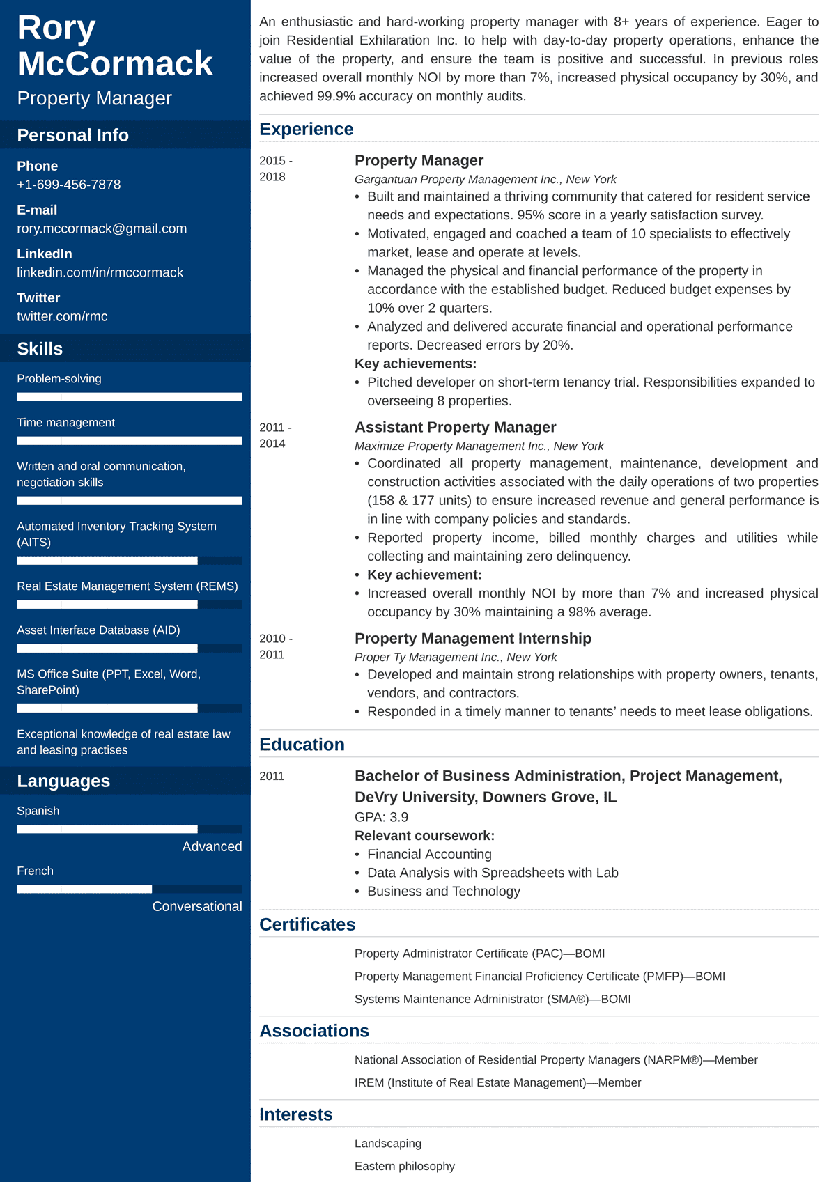 sample resume property management position