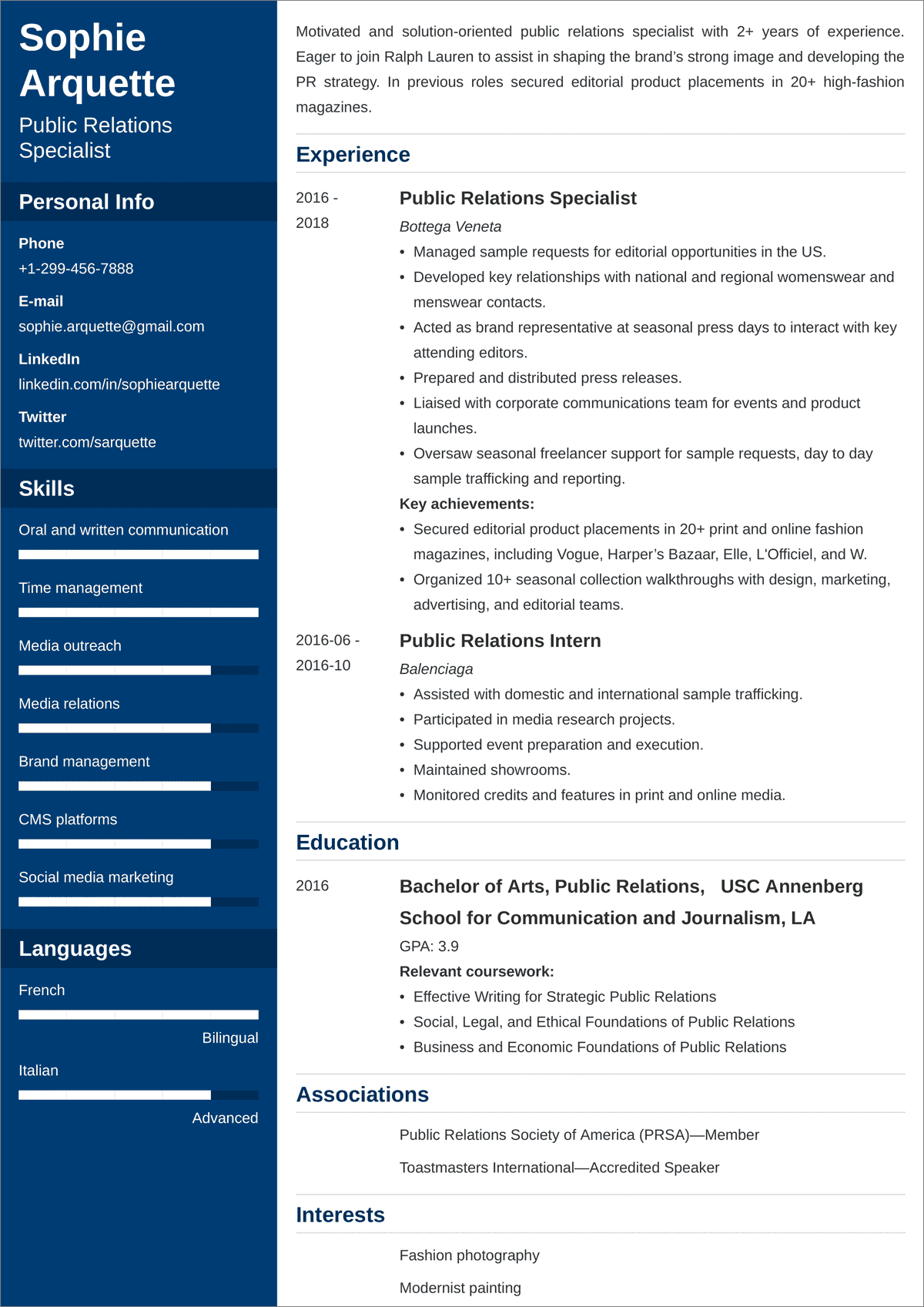 public relations CV templates