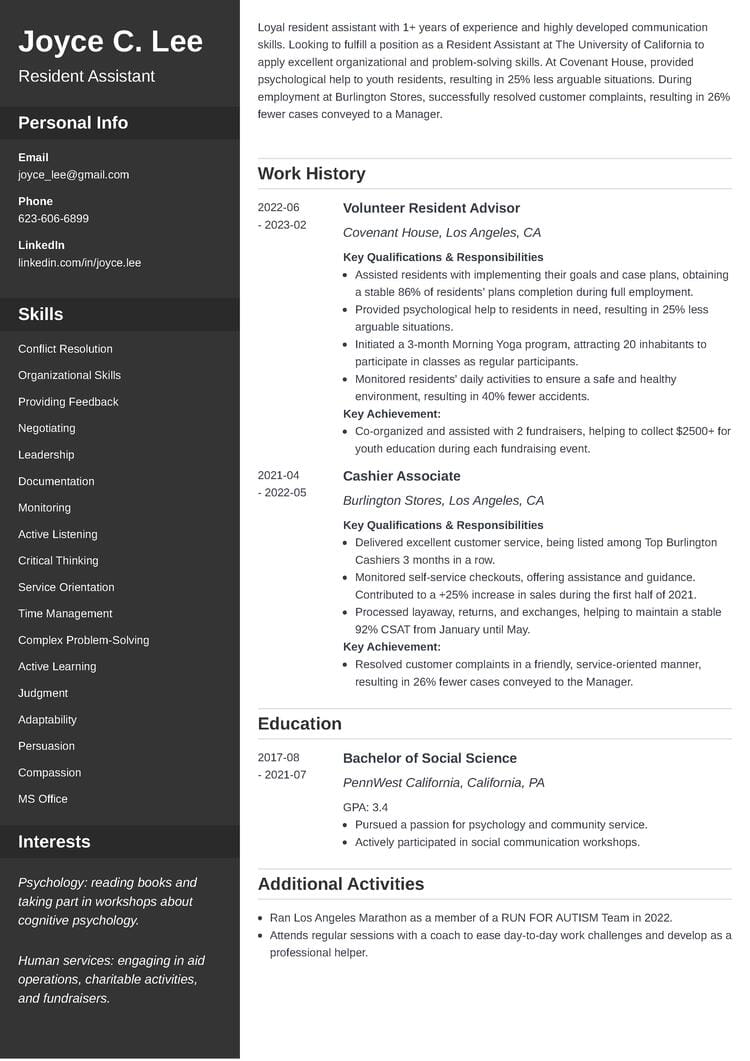 Resident Assistant Resume Examples Job Description In 2024