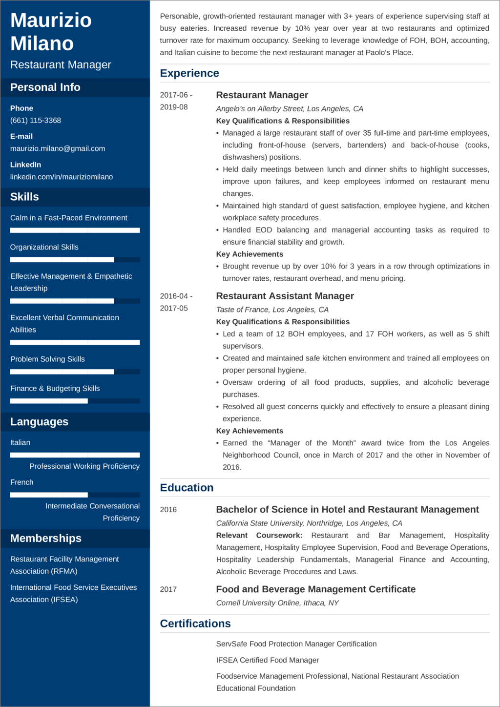 Restaurant Manager Resume Example Job Description Skills