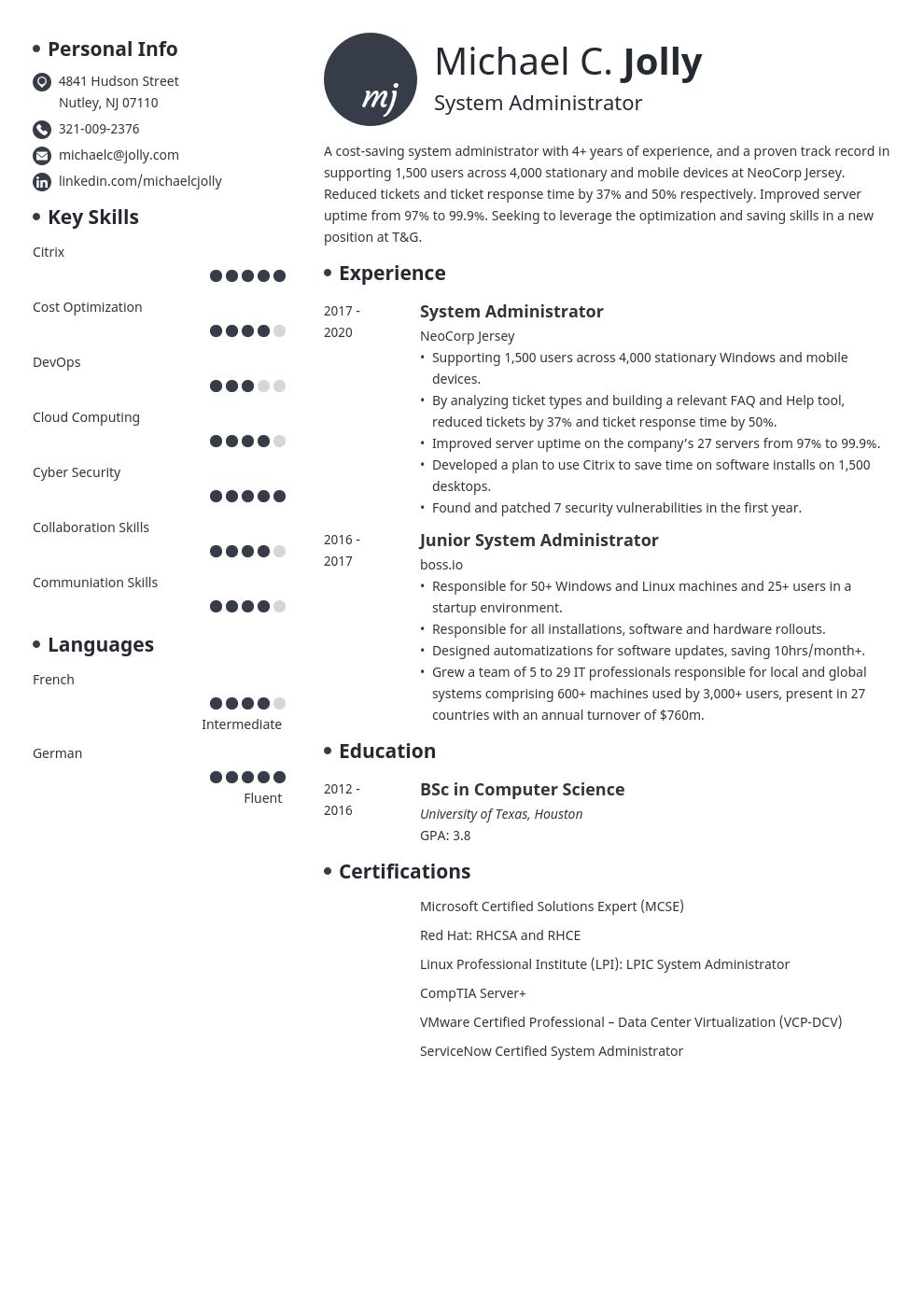 resume examples system administrator template initials