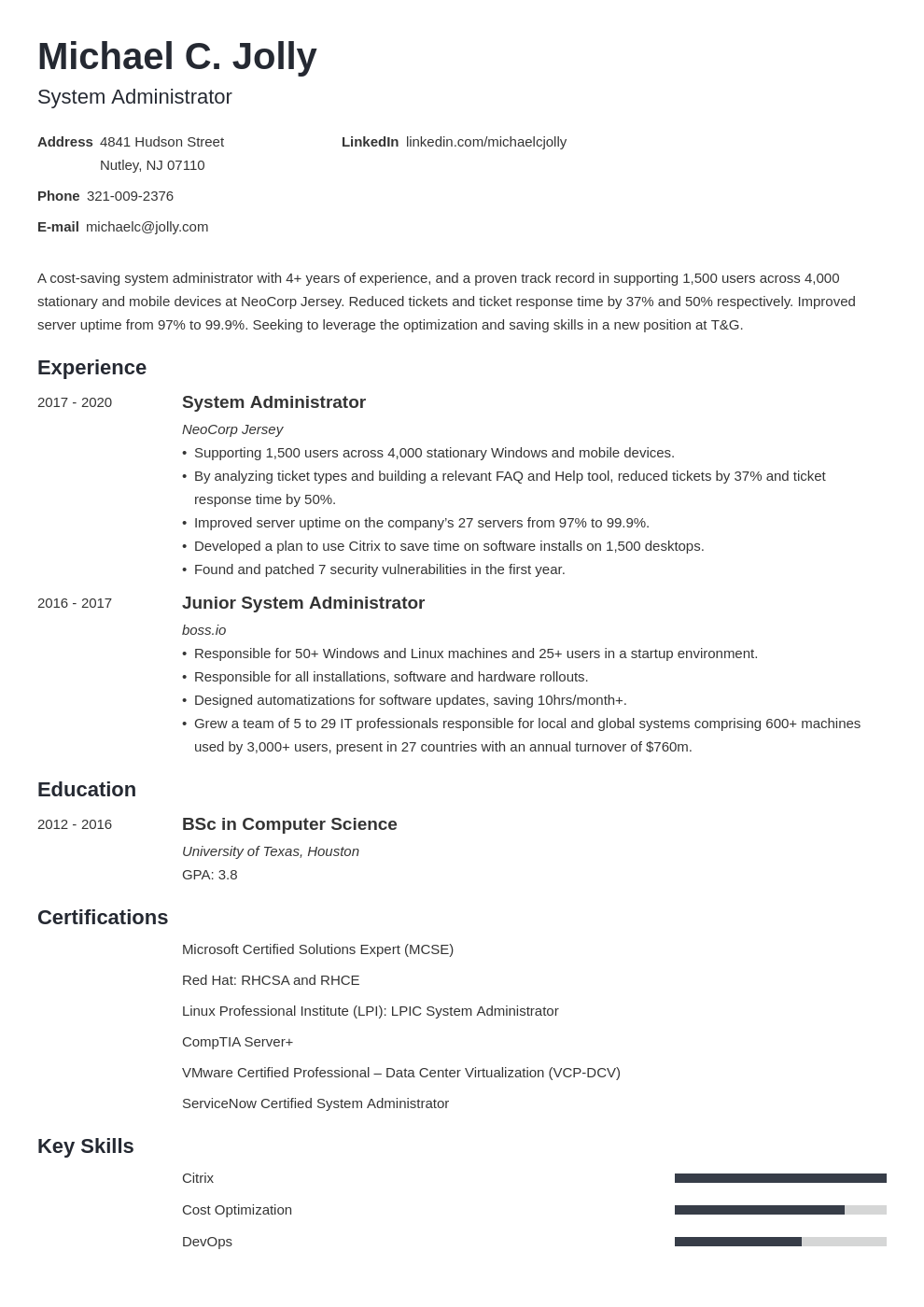 resume examples system administrator template minimo
