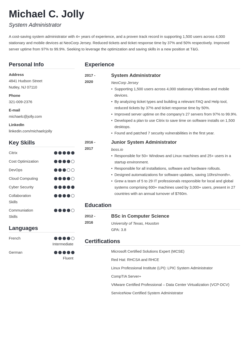 resume examples system administrator template simple