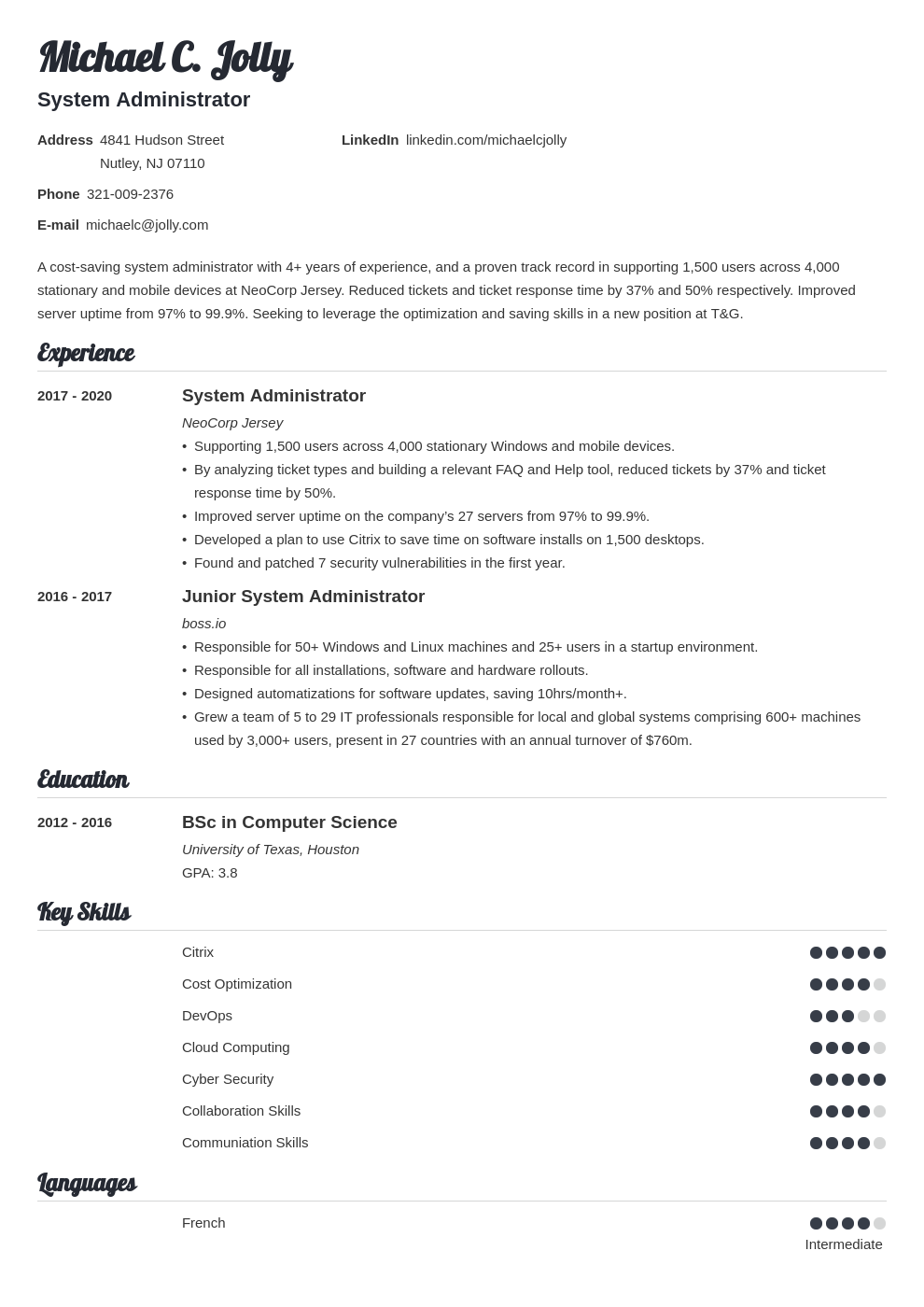 resume examples system administrator template valera