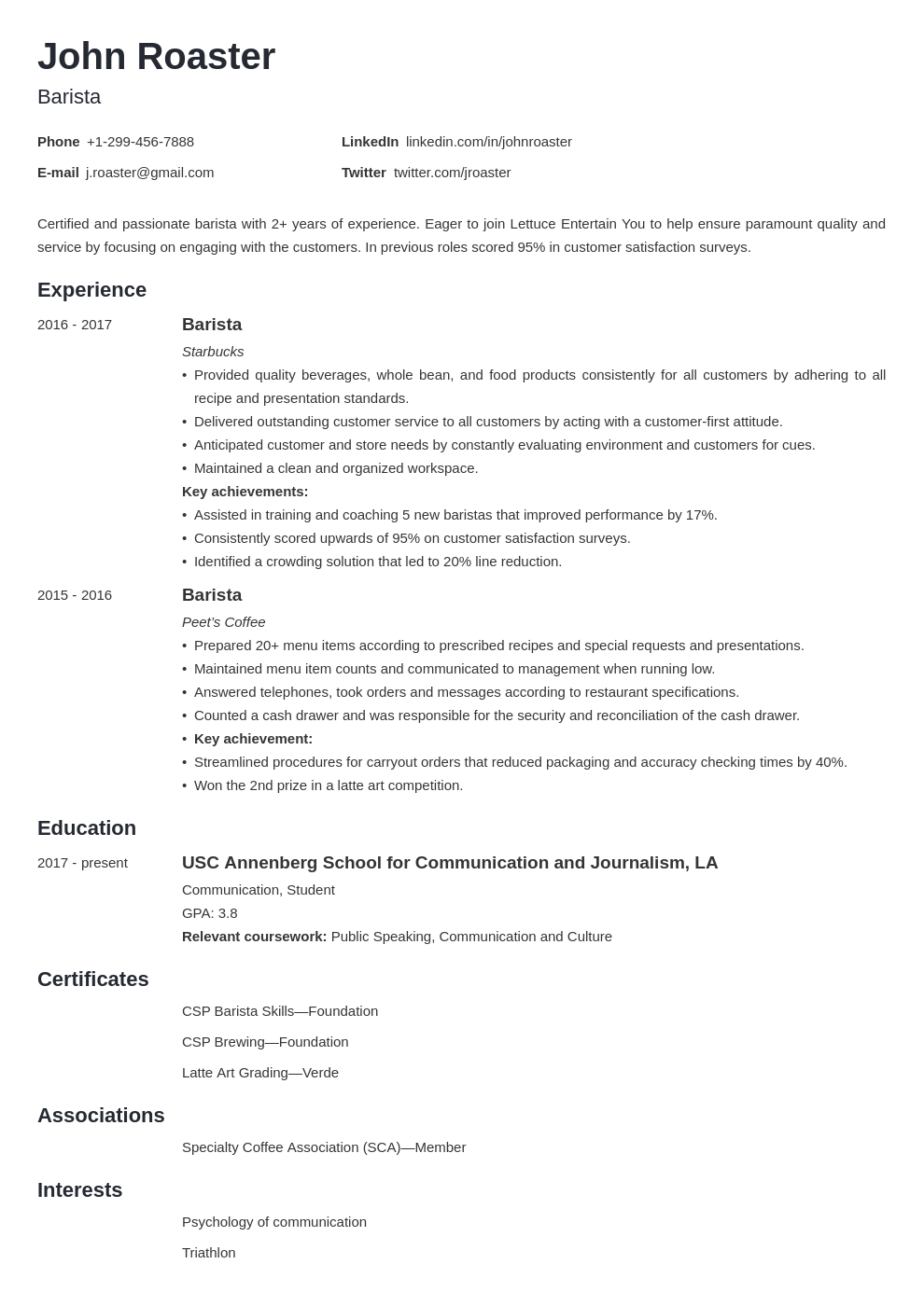 examples of resume interests