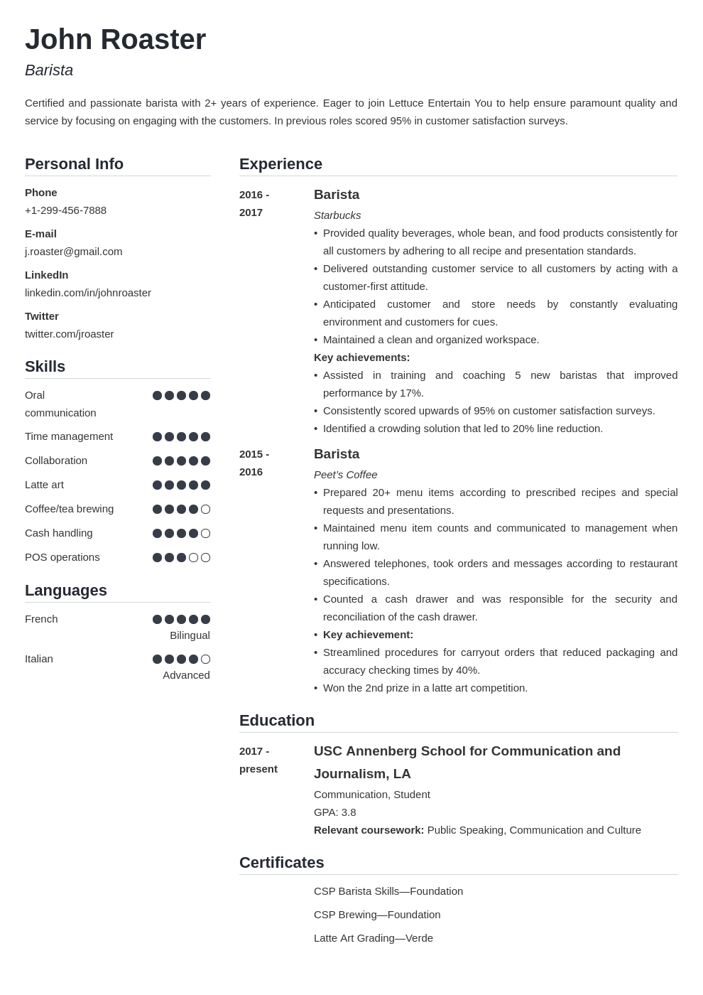 resume interests template simple