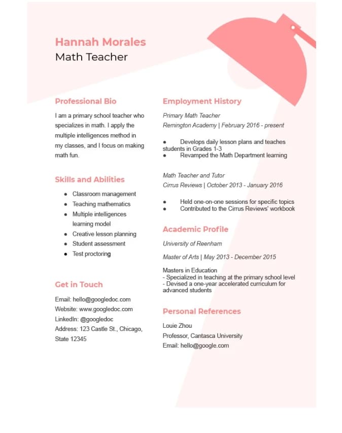 Teacher Google Docs Resume Template