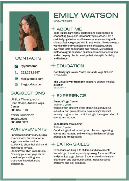 Yoga Instructor Google Docs Resume Template