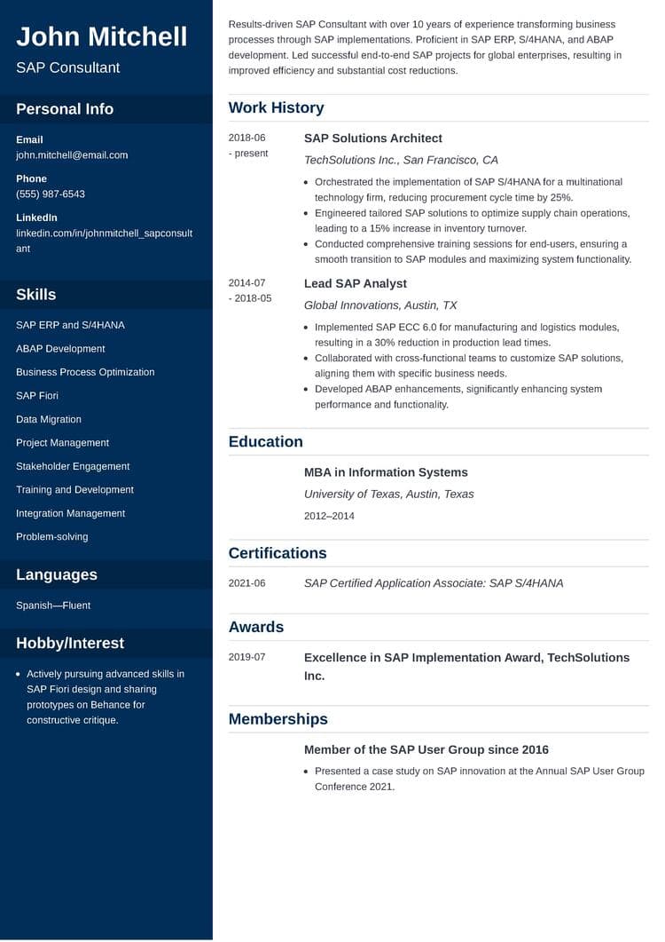 SAP Resume Example & Guide for 2025