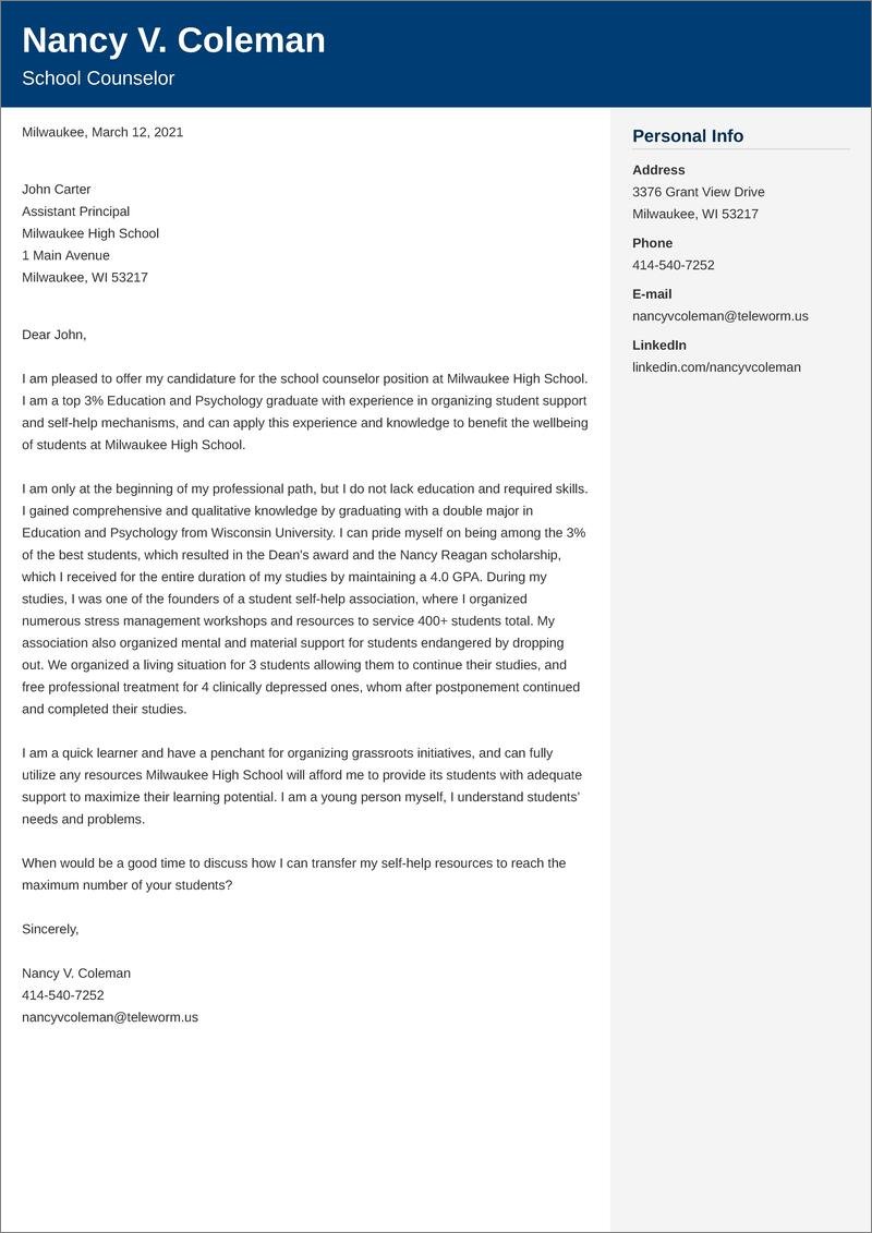 school counselor cover letter templates