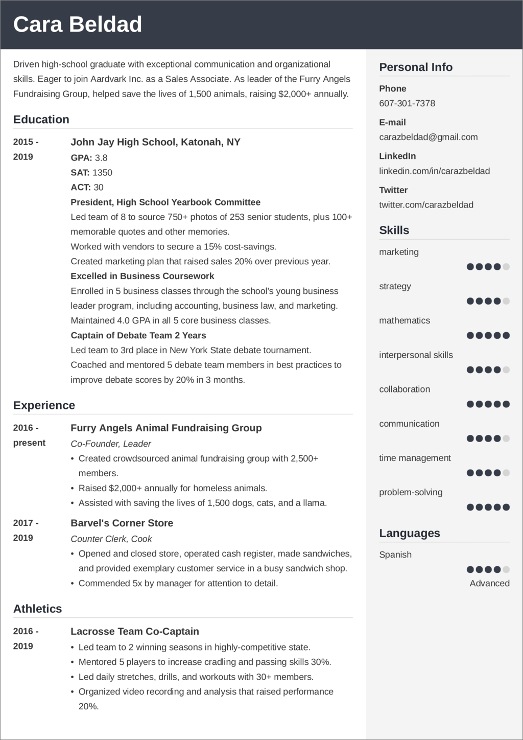 High School Graduate CV Example With No Experience 