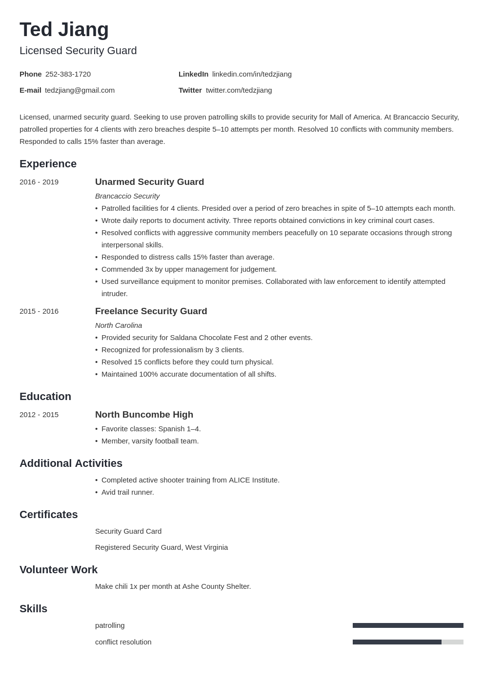 Security Guard Resume Examples And 25 Writing Tips   Security Guard Template Minimo 