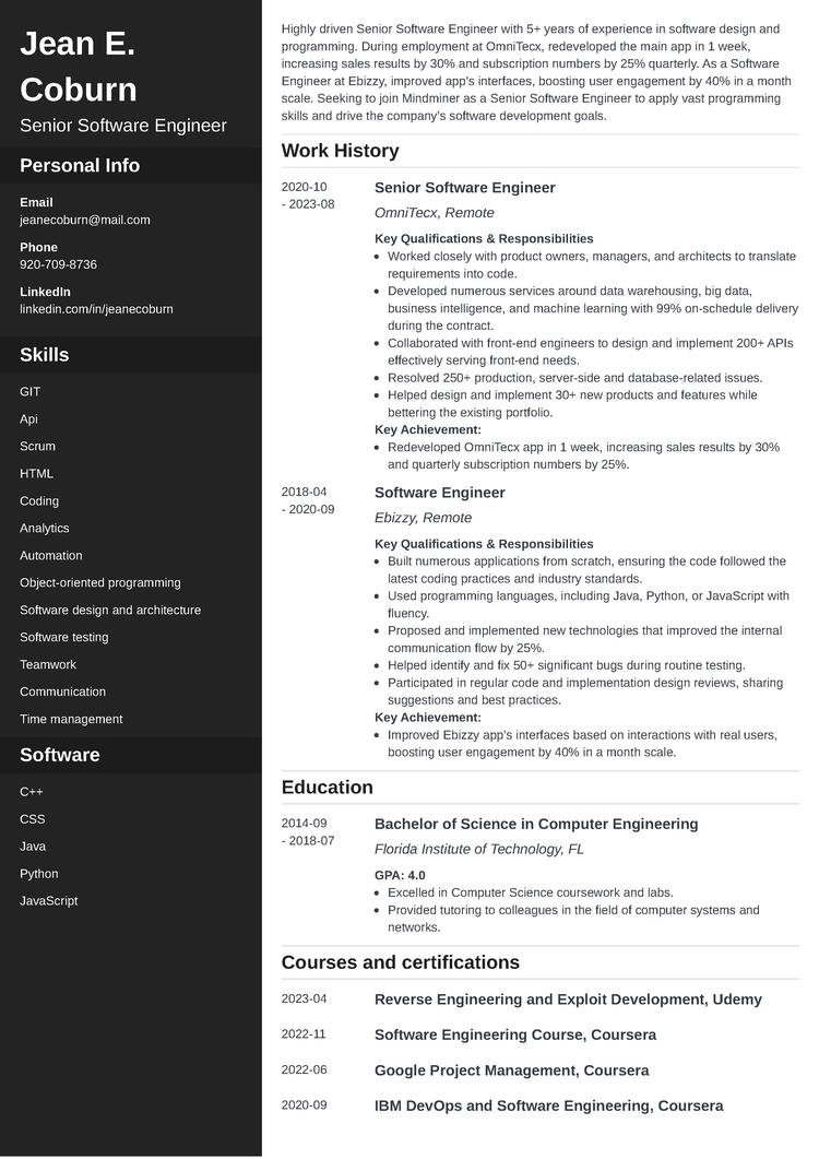 senior software engineer resume example