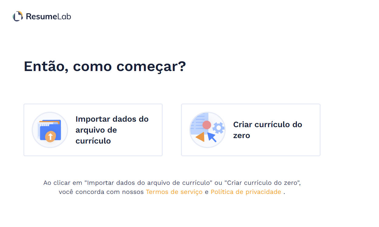 Crie ou importe seu currículo no site para CVs da ResumeLab