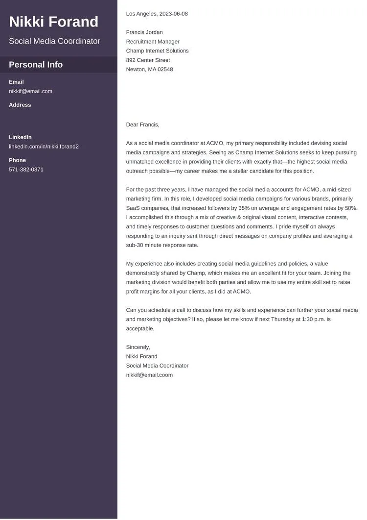 Social media coordinator cover letter example