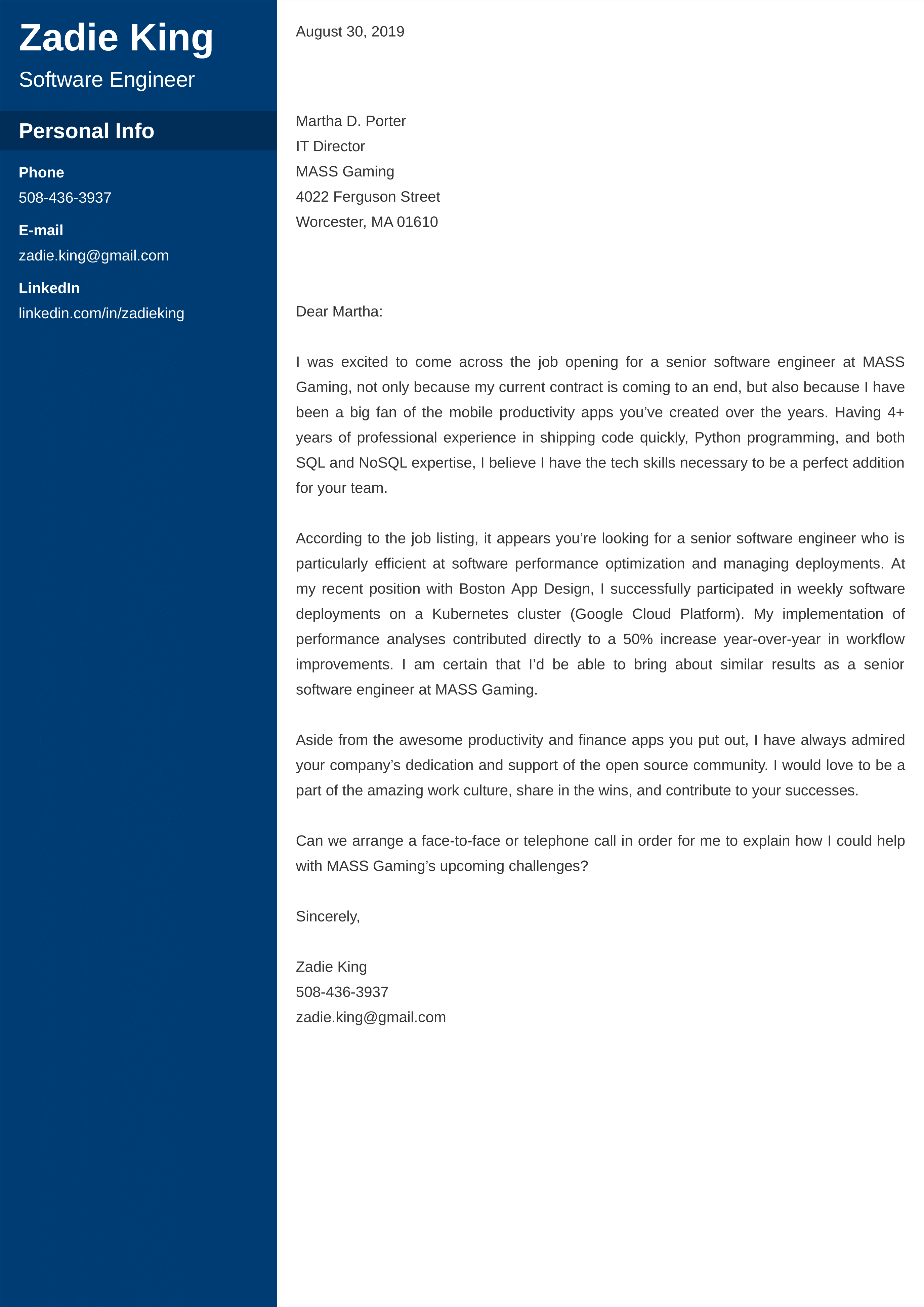 software engineer cover letter example