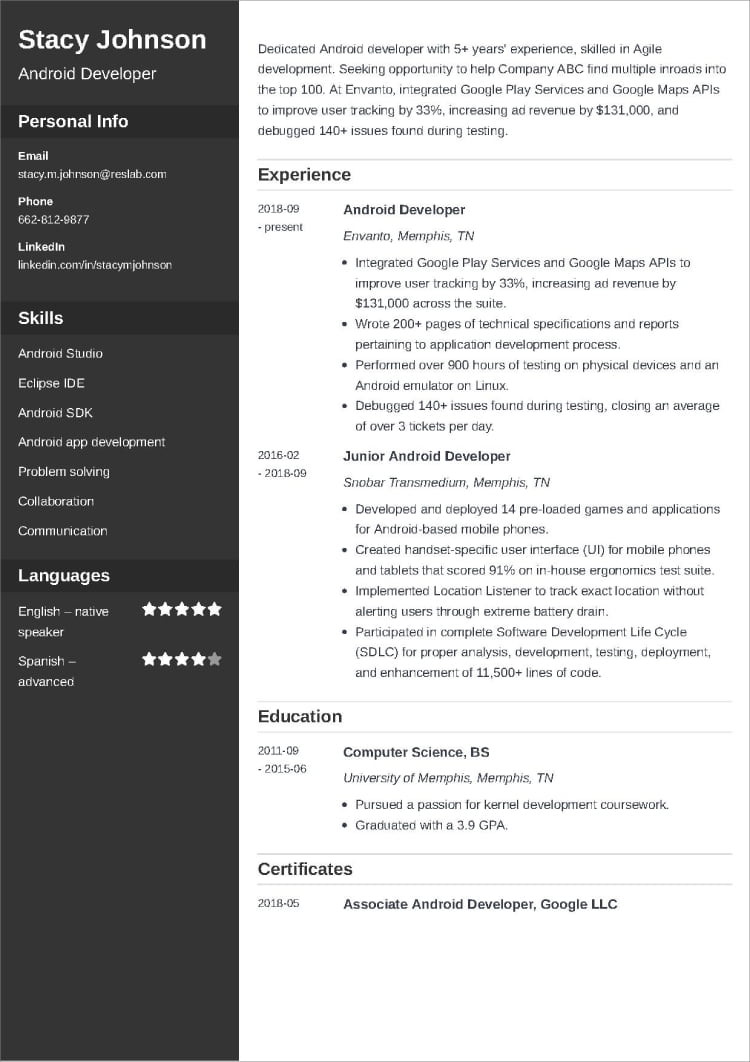 android developer resume sample