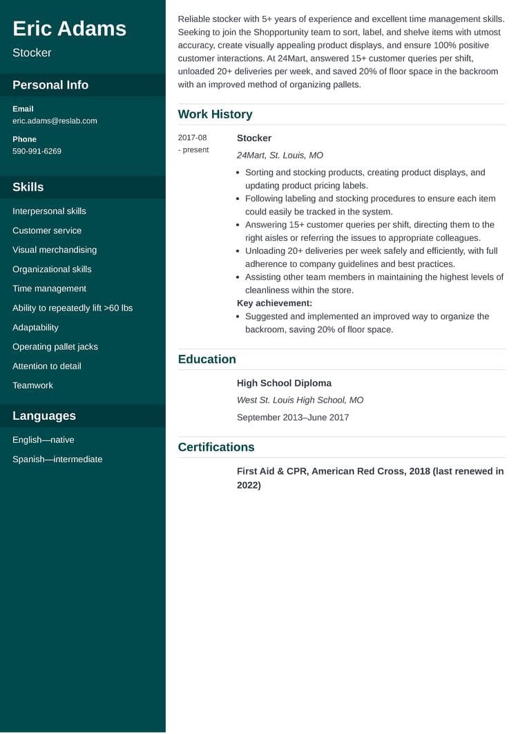 stocker resume example
