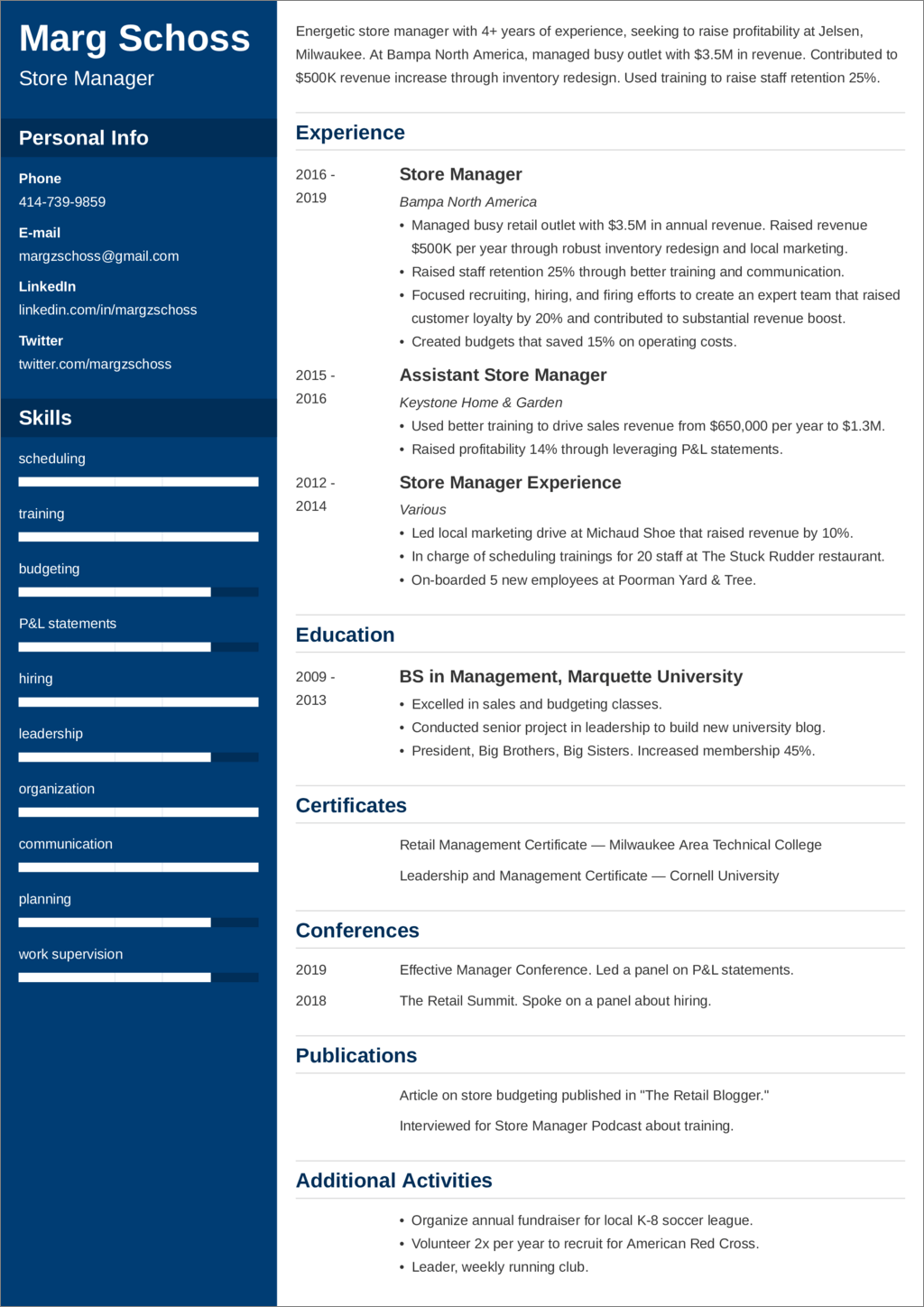 Store Manager CV Example Profile And Format