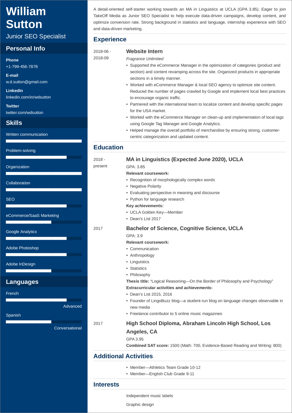 Cv Profile Examples Student