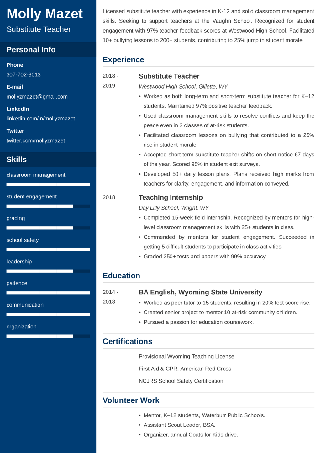 Substitute Teacher Resume Examples Template For 2024   Substitute Teacher Resumelab Resume Example 