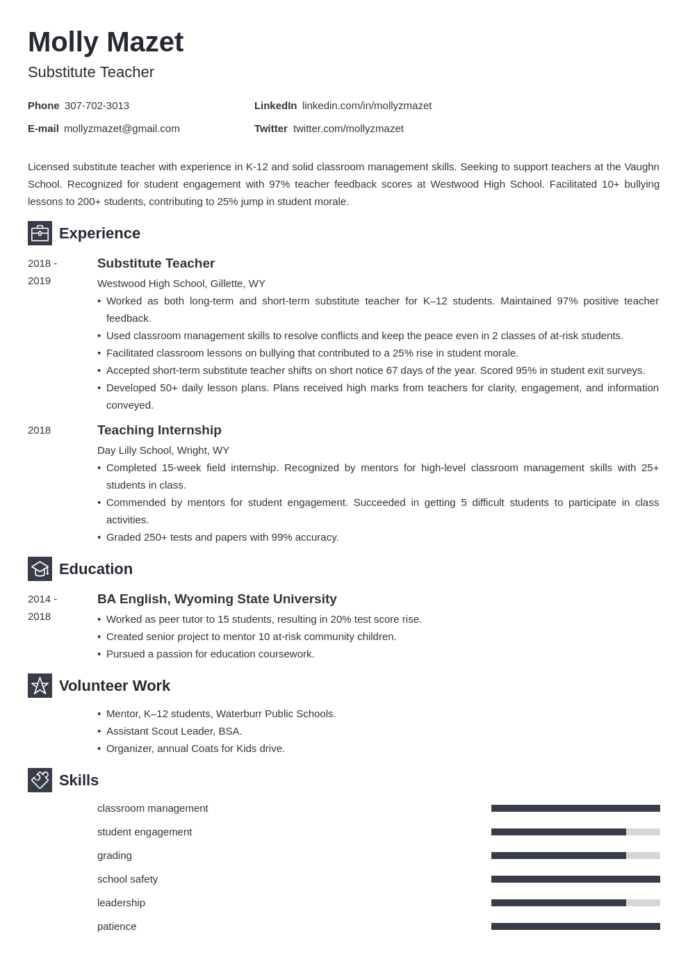 Substitute Teacher Resume Examples Template For 2024