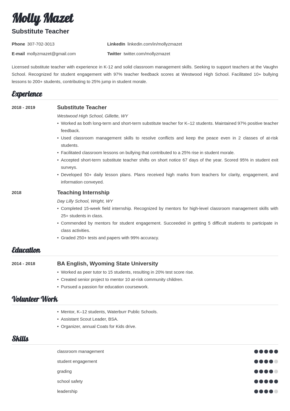 Substitute Teacher Resume Examples Template For 2024