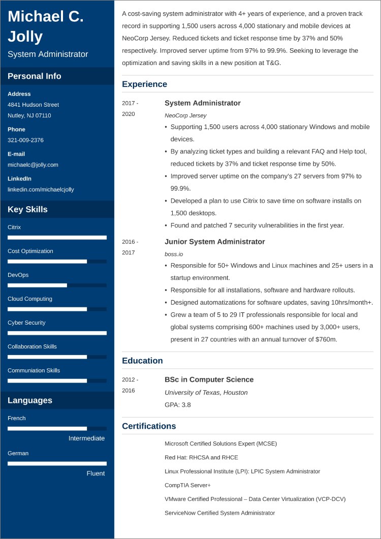 system administrator cv example