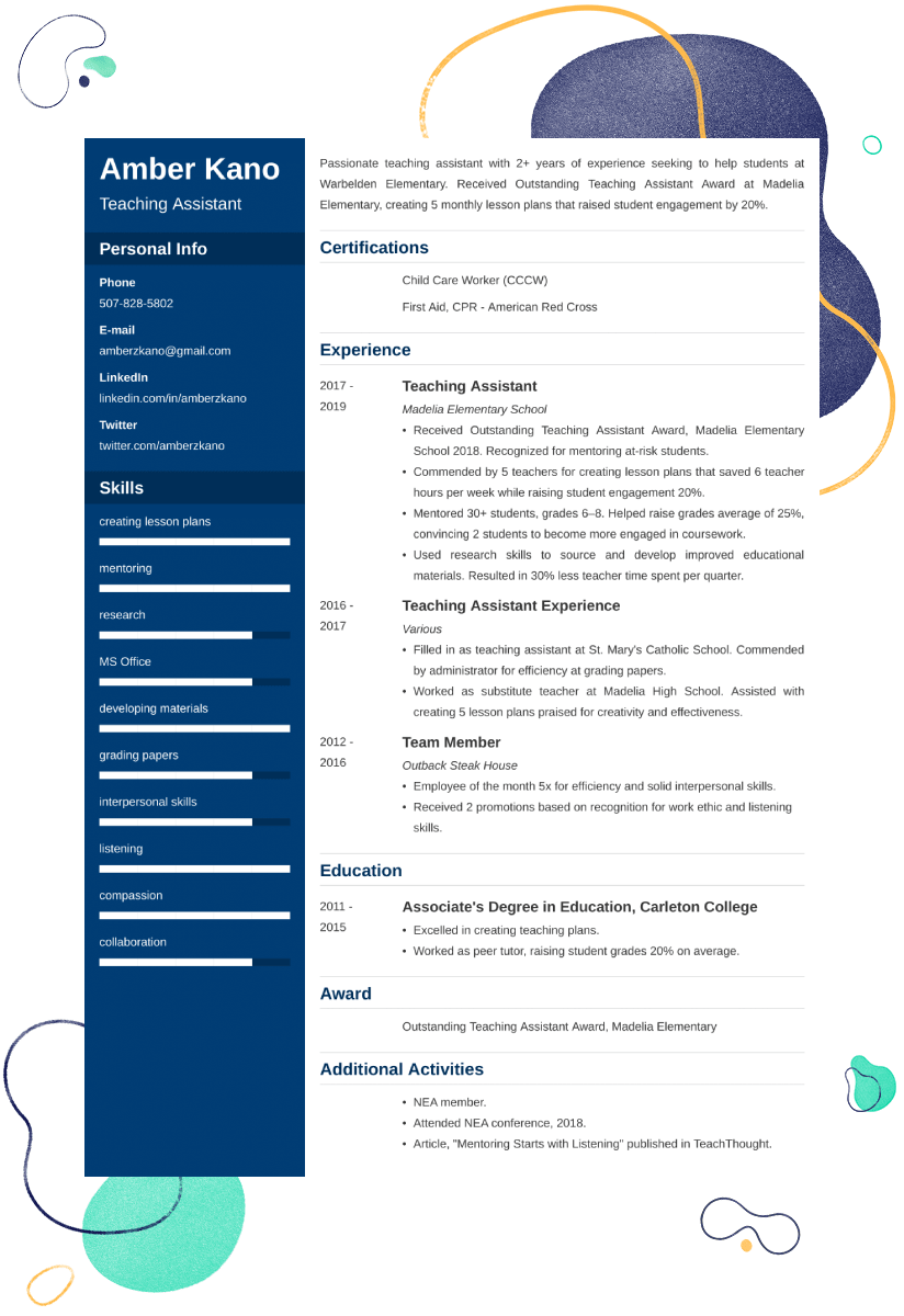 teaching assistant resume example