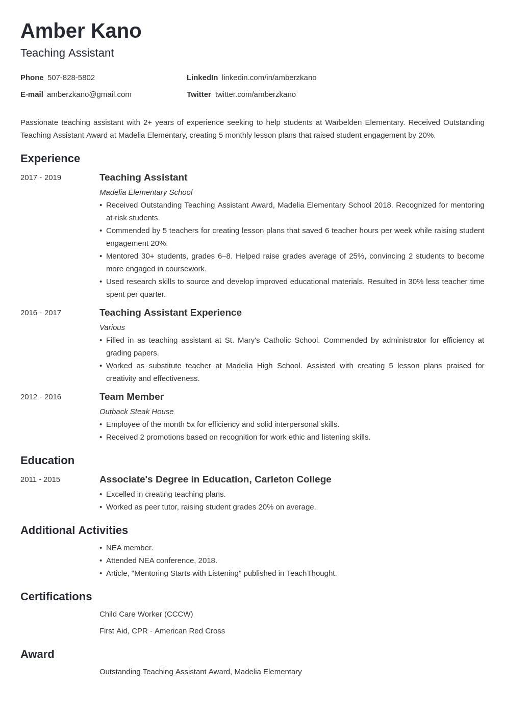 Teaching Assistant Resume Examples To Apply In 2024