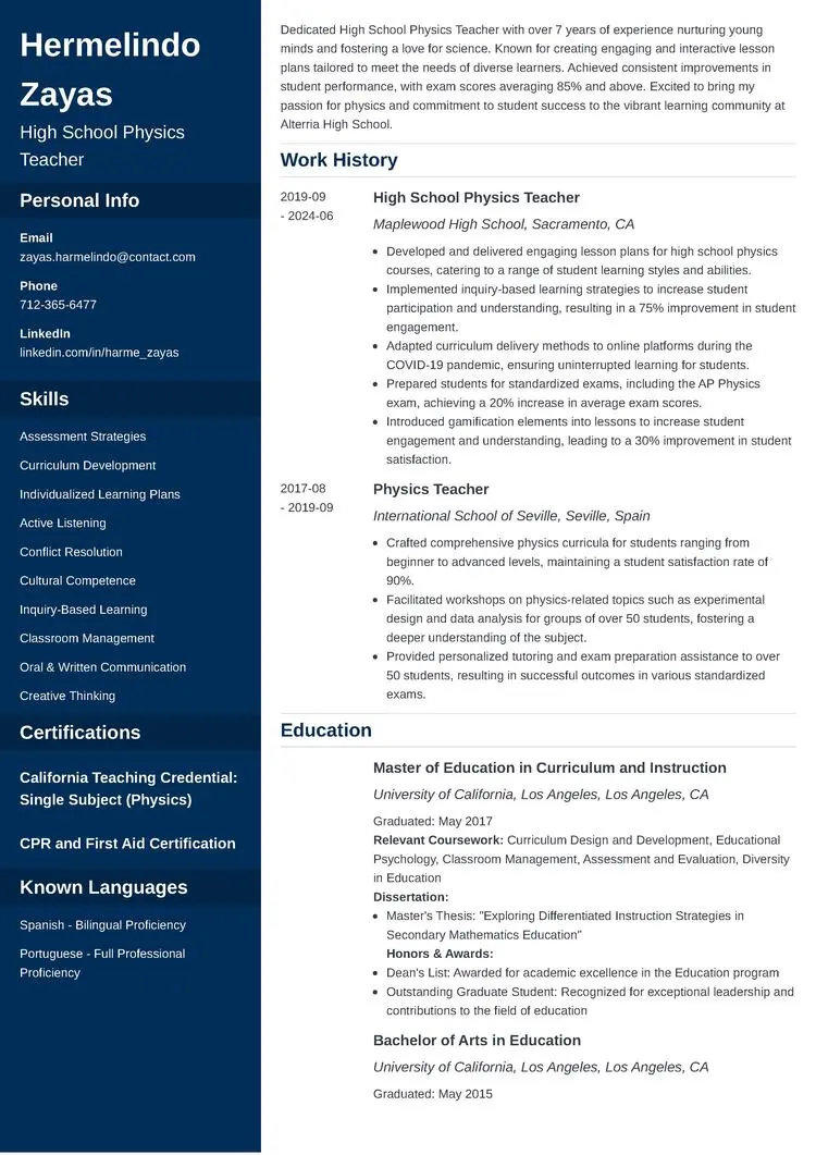 resume sample featuring the top teaching skills