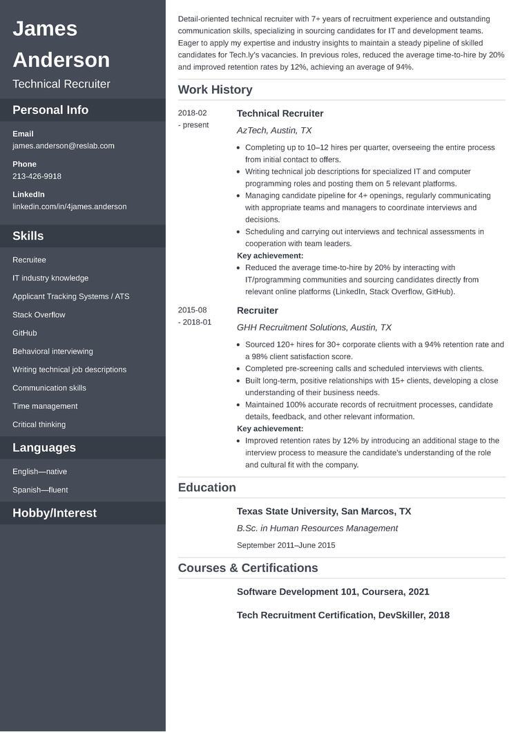 technical recruiter resume sample