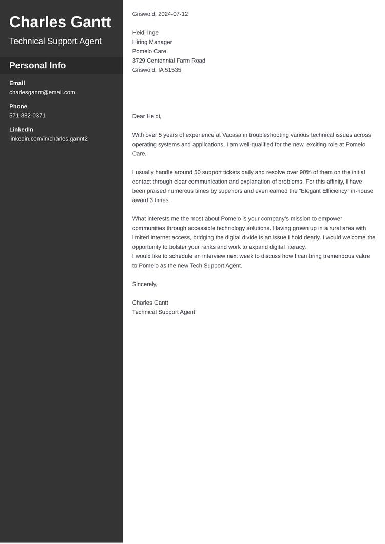 Technical support cover letter example