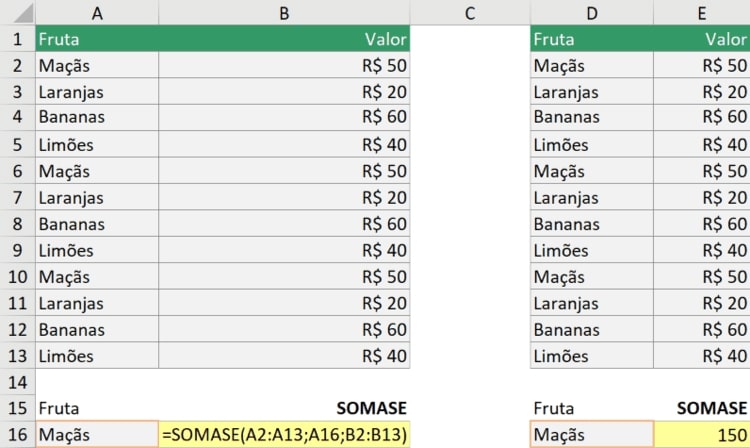 gabarito de questão com a função SOMASE do Excel