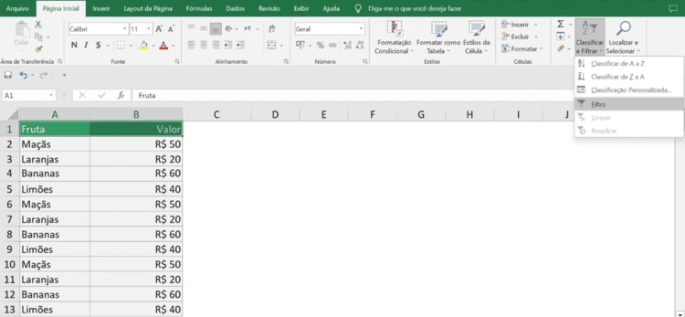 Como usar a opção de filtro no Excel