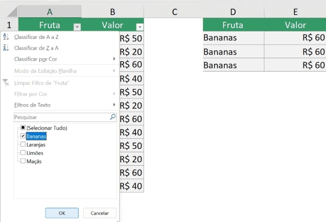 exemplo de uso de filtro no Excel