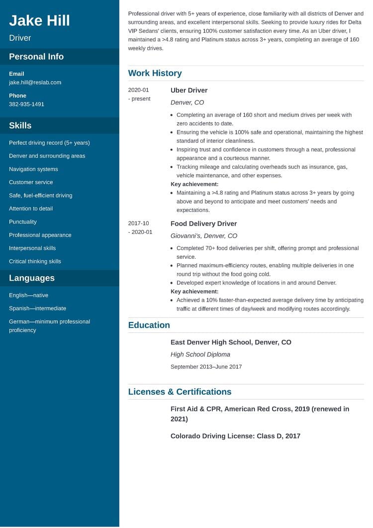 uber driver resume sample