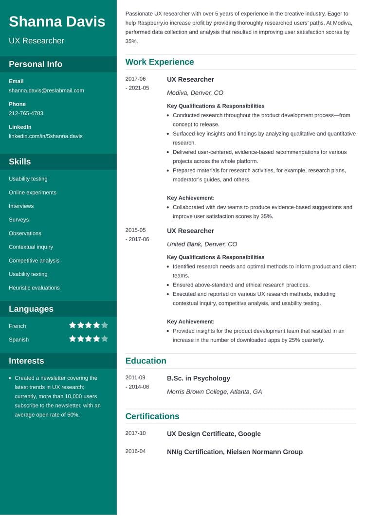 UX researcher resume