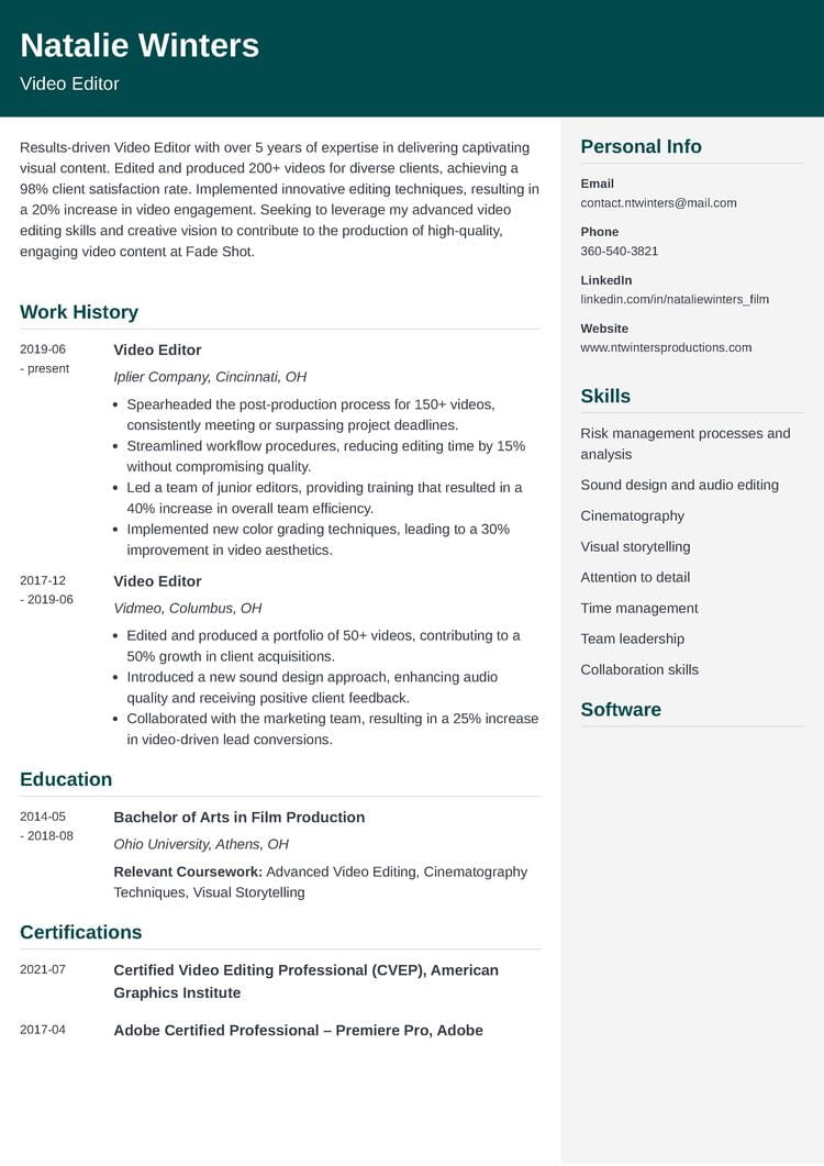 Video editor resume example