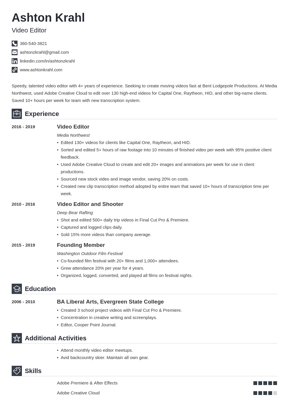 Video Editor Resume Example (With Skills & Template)