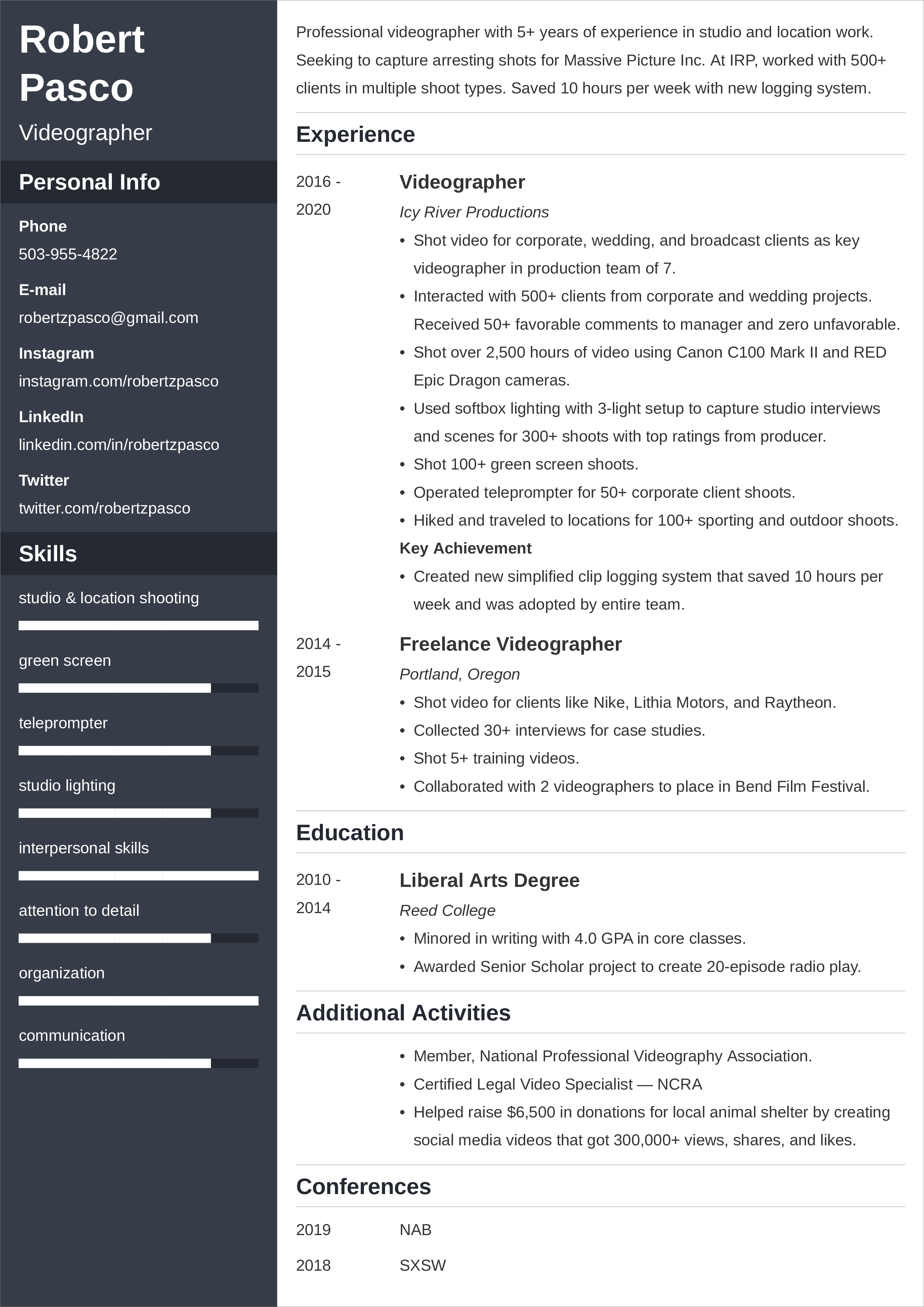 videographer cv example