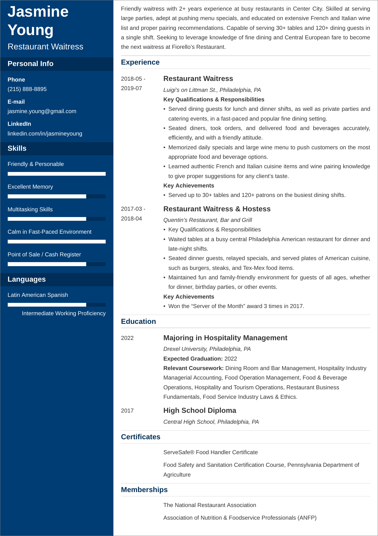 resume sample for waitress